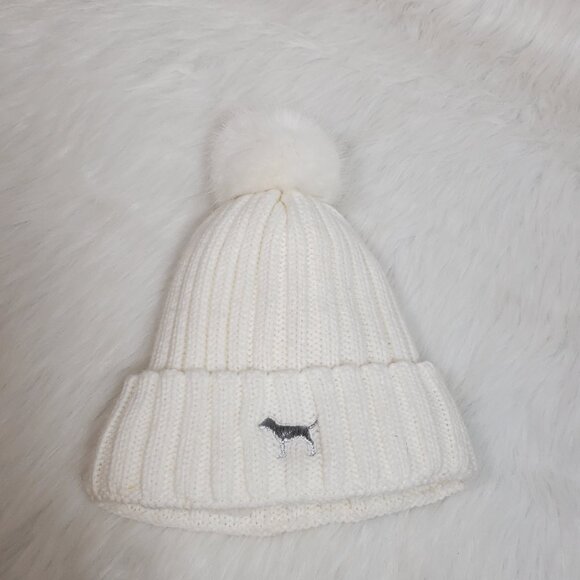 VS PINK COZY BEANIE SHERPA LINED HAT DOG EMBROIDERED POM POM CREAM O/S - Picture 5 of 5